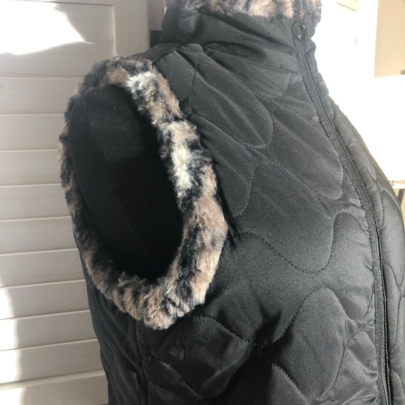 Vintage Y2K reversible Vest Animal Print Faux Fur Cinch Quilted Black/Brown L - Picture 11 of 14